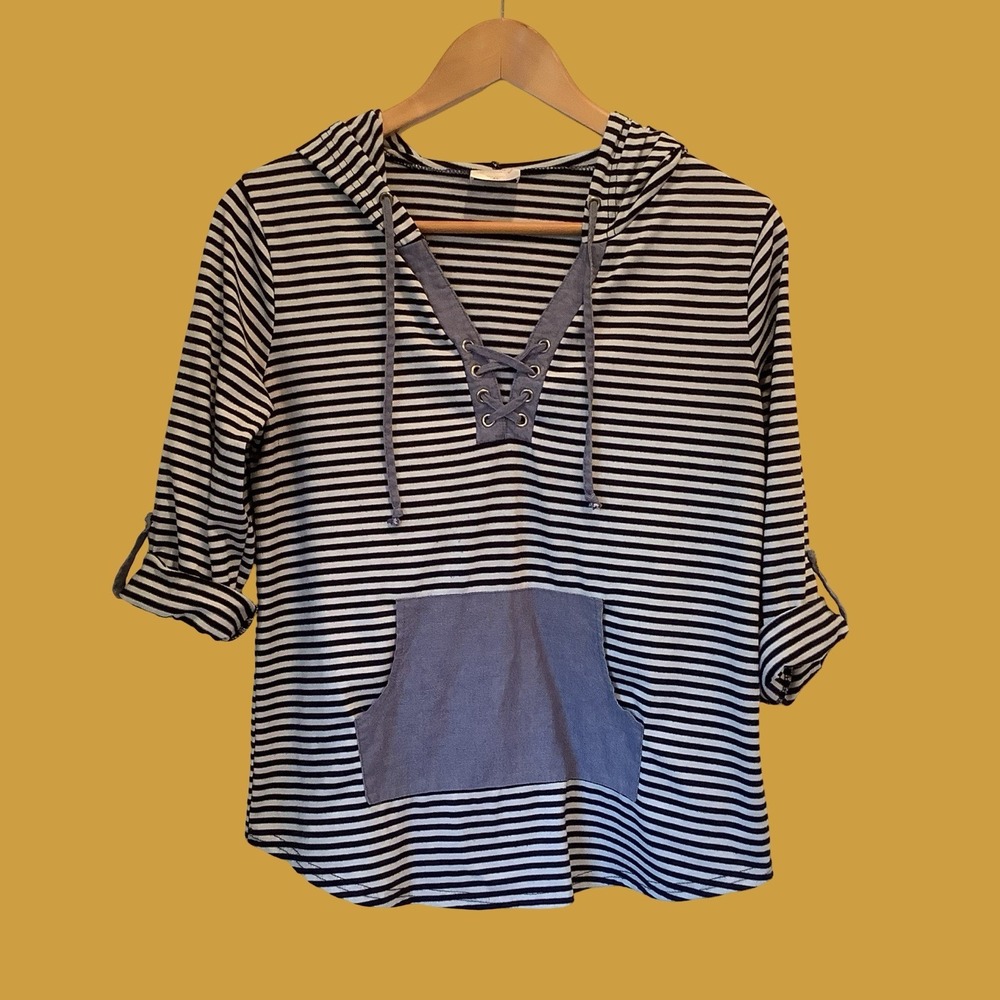 Siren Lily Nautical Blue Striped Hoodie Tee Roll Tab Sleeve Shirt Vacation Sm